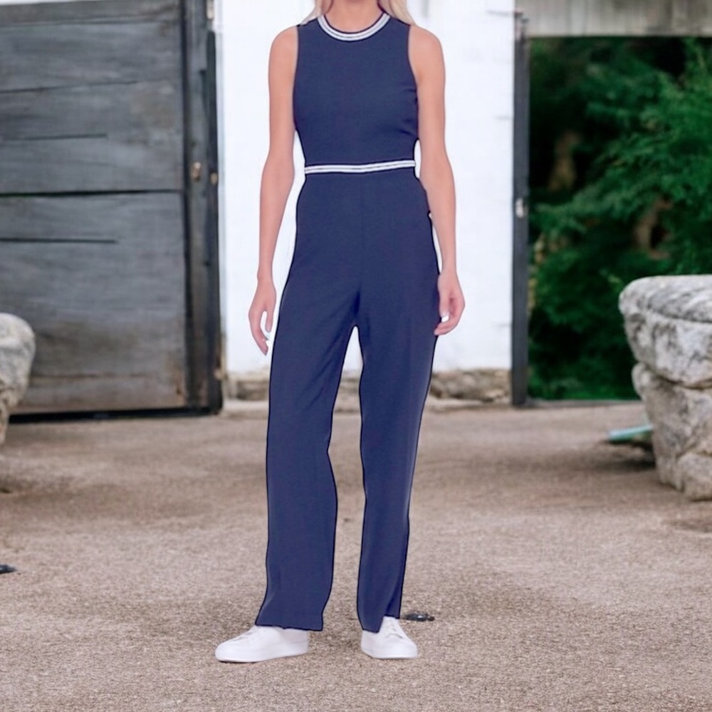 Banana Republic Navy Sleeveless Knit Jumpsuit with White Trim